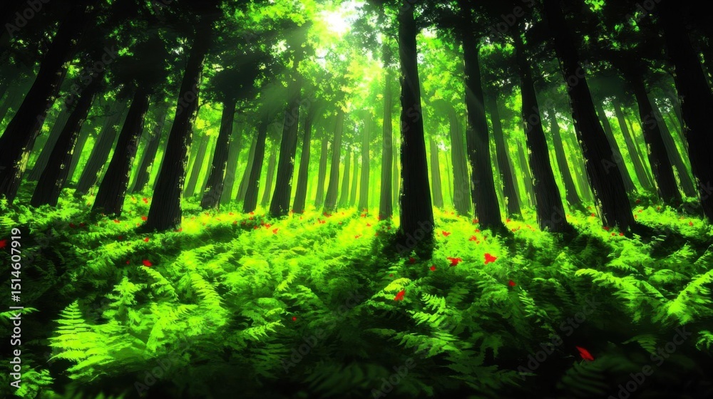 Fototapeta premium Sunlit Forest, Ferns, Trees