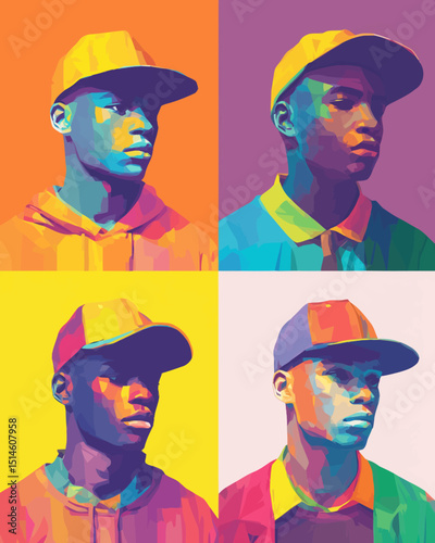 Vibrant Pop Art Portrait Young Man in Baseball Cap Colorful Style