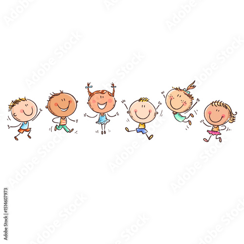 Playful Spirit of Joy: A group of children, embodying the pure essence of childhood delight, are captured in a delightful cartoon, leaping with infectious energy.