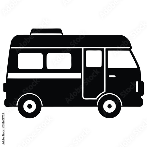 Simple black and white illustration of a minibus suitable for travel transportation concepts
