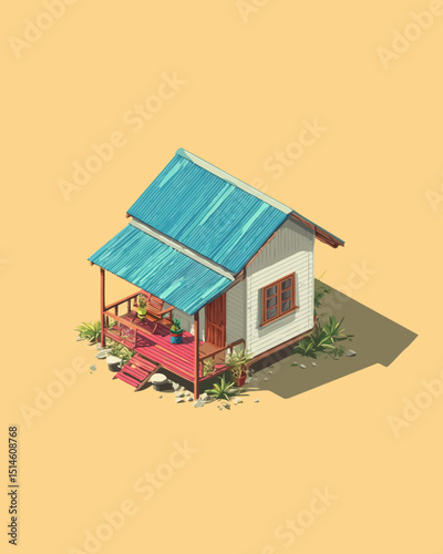 Isometric Rural House Illustration Simple Cottage Design Pixel Art Tropical Home