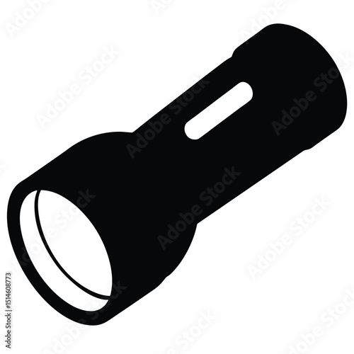 Sleek black silhouette illustration of a modern handheld flashlight on white background