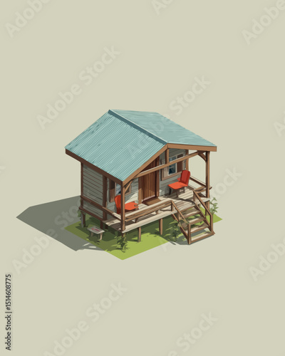 LowPoly 3D Model Charming Cabin with Porch and Patio