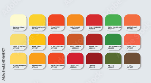 Yellow and Red Color Palette, Orange, green, Yellow Color Guide Palette with Color Names. Catalog Samples of Red and Yellow with RGB HEX codes and Names. Paint, sunrise and sunset Fashion Trend Colors