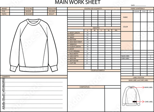 Main Work Sheet for a Raglan Sleeve Sweatshirt
