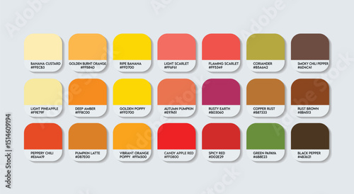 Yellow and Red Color Palette, Orange, green, Yellow Color Guide Palette with Color Names. Catalog Samples of Red and Yellow with RGB HEX codes and Names. Paint, sunrise and sunset Fashion Trend Colors