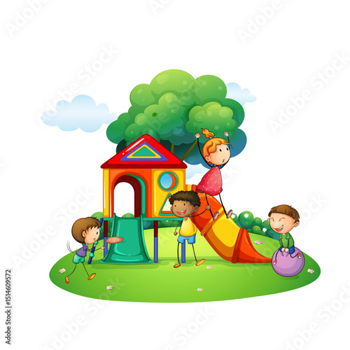 Children Playing at the Playground: A vibrant illustration of children gleefully engaged in playground activities, sliding down slides, swinging, and laughing under a cheerful sky