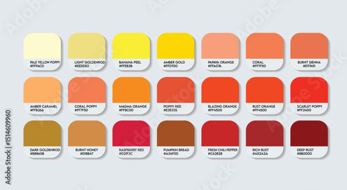 Yellow and Red Color Palette, Orange and Yellow Color Guide Palette with Color Names. Catalog Samples of Red and Yellow with RGB HEX codes and Names. Paint, sunrise and sunset Fashion Trend Colors