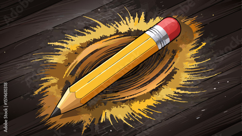 Close-Up of Pencil on Radial Chalk Dust Texture on Dark Wood Board