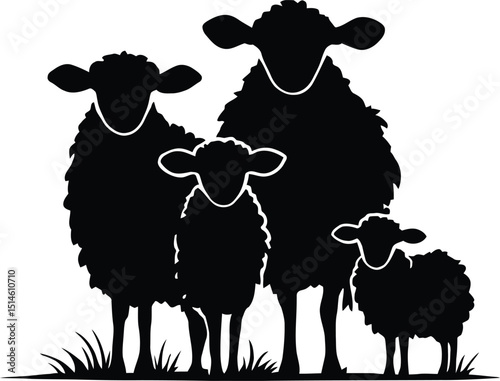 Sheep Silhouette Vector – Farm Animal Illustration, Pasture Scene, Black and White Design