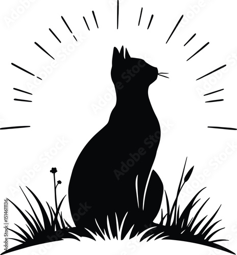 Mystical Cat Silhouette Vector – Enigmatic Feline, Black Silhouette, Magical Aura, Nature-Inspired Design