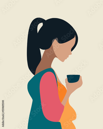 Woman Enjoying Tea Minimalist Illustration of Calm  Tranquility