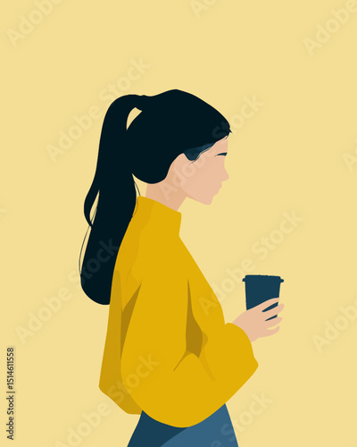 Minimalist Illustration Woman with Coffee Side Profile Yellow Sweater