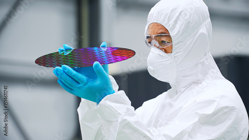 Obraz na płótnie 半導体工場でシリコンウエハーを検査する防塵服を着た男性作業員