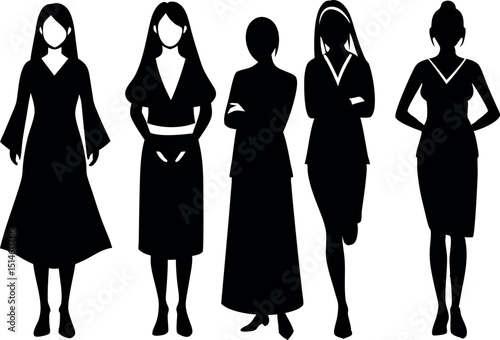 Black and white silhouette illustration featuring five women in different outfits
