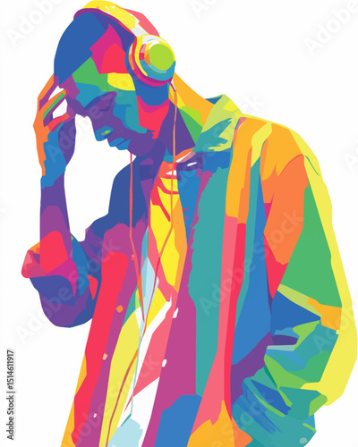 Vibrant Pop Art Portrait Young Man with Headphones