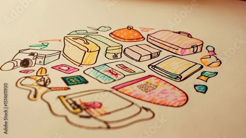 A drawing of a bunch of objects on a table.