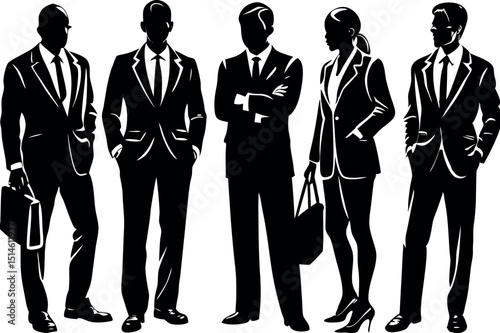 Diverse business team silhouettes standing in a row with clean vector design