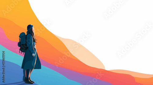 Woman with Backpack Facing Vibrant Abstract Landscape Journey Adventure Hope