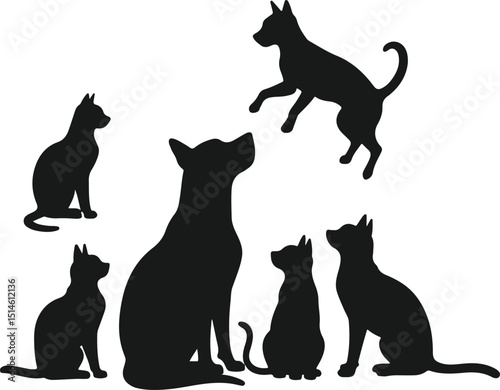 Black silhouettes of cats and dogs sitting jumping poses