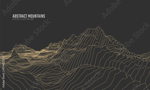 Contour mountain landscape. Waved line art. Abstract minimal topographic map. Contour lines with elevations and terrain depth. Vector illustration.
