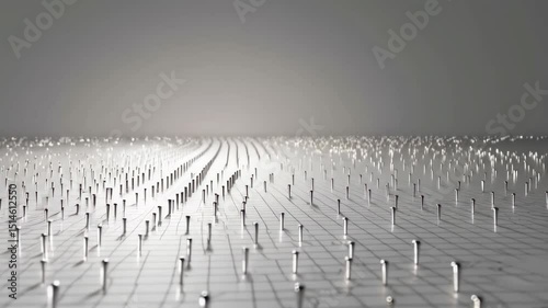 Large group of pins on white surface in grid formation.