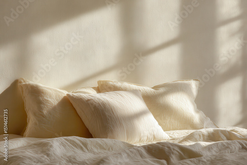 morning light gently illuminating soft bedspread casting delicate shadows from pillow