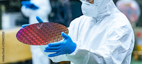 Photos 半導体工場でシリコンウエハーを検査する防護服を着た作業員