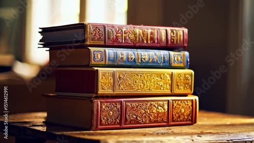 A stack of books on a wooden table.