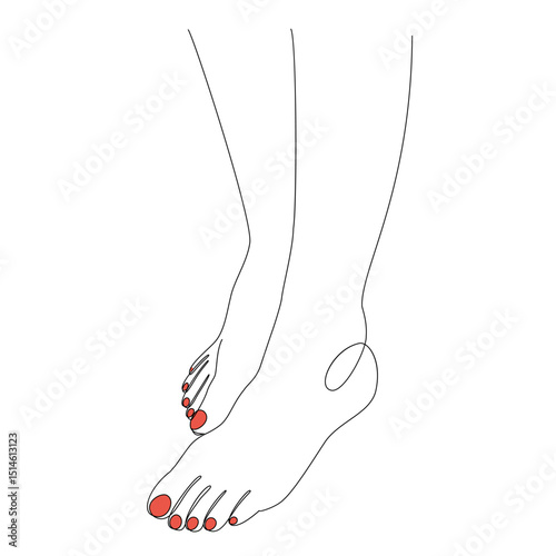 Silhouettes of human legs, feet in modern one line style. Red painted nails. Continuous line drawing, stickers, logo. Vector illustration.