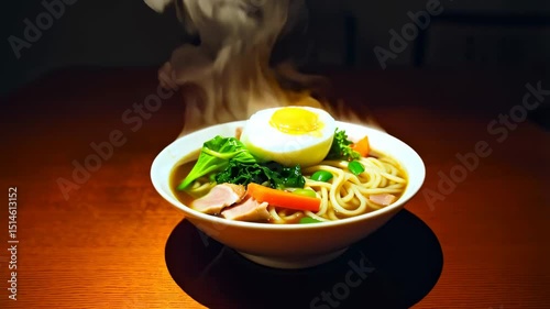 A bowl of noodles with a boiled egg on top.