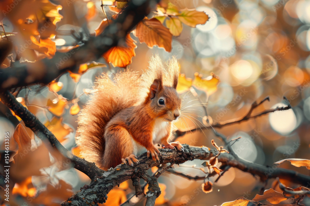 A vibrant autumn scene featuring a squirrel perched on a tree branch amidst glowing orange oak leaves. A vibrant autumn scene featuring a squirrel perched on a tree branch amidst glowing orange oak leaves.