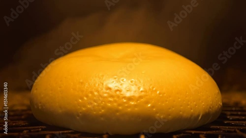 Baking rack with dough, bread cooking on a grill, egg on a grill and in the oven.