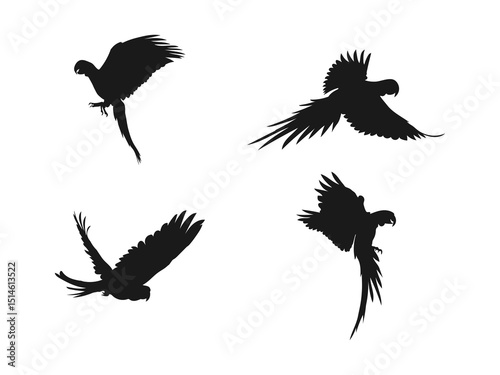 Silhouette flying macaw parrot icon. Parrot bird silhouette illustration. Bird silhouettes isolated on a white background.