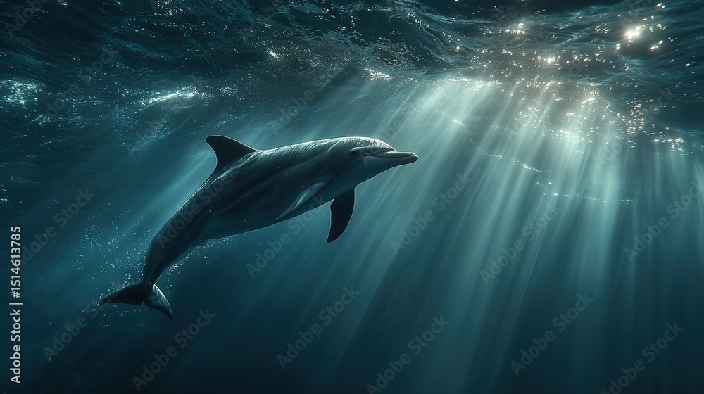 Naklejka premium A cute dolphin gliding gracefully through sunlit seawater, its flippers propelling it gently beneath shimmering light spots in a serene underwater environment.