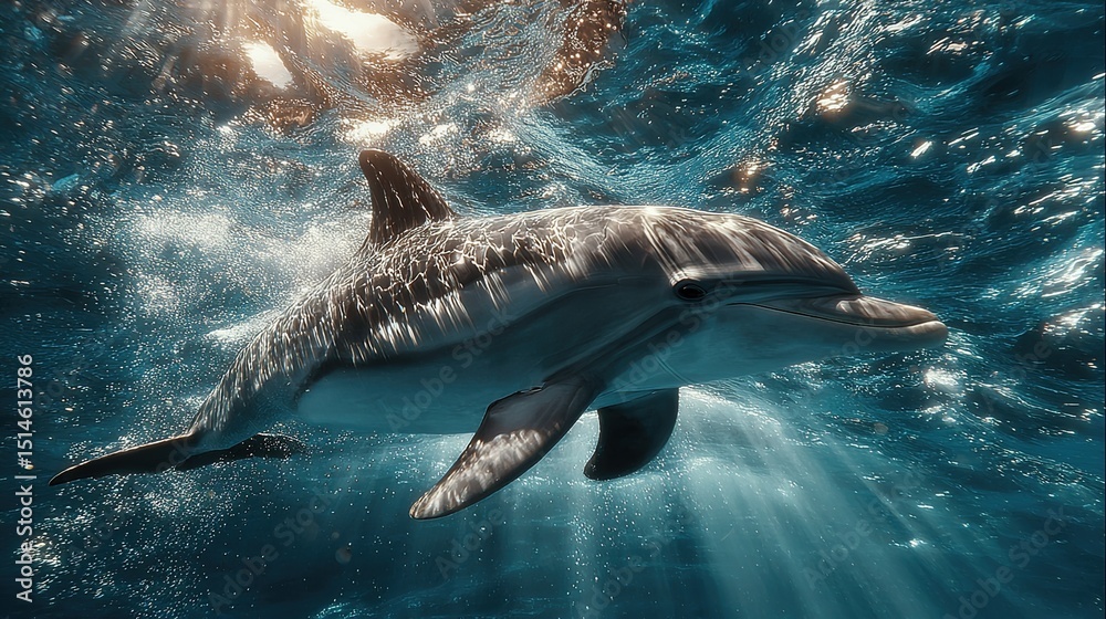 Fototapeta premium A cute dolphin gliding gracefully through sunlit seawater, its flippers propelling it gently beneath shimmering light spots in a serene underwater environment.