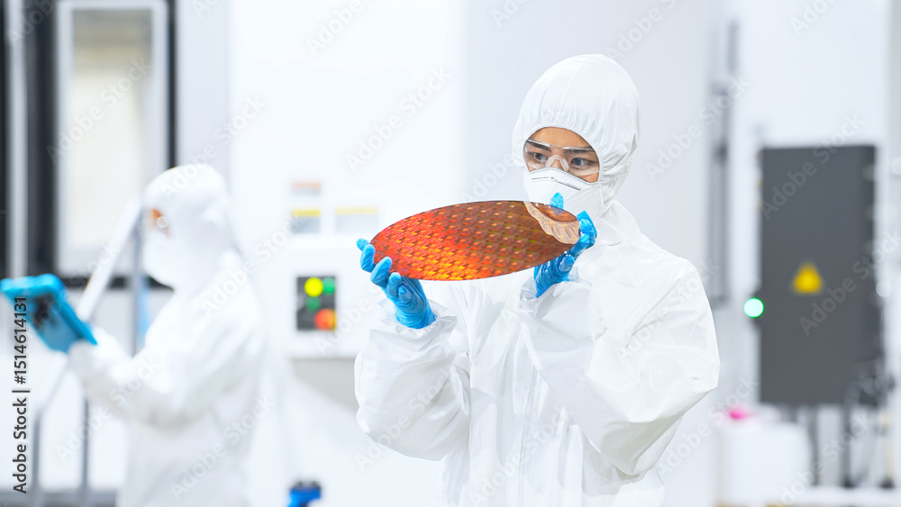 Naklejka premium 半導体工場でシリコンウエハーを検査する防護服を着た女性作業員
