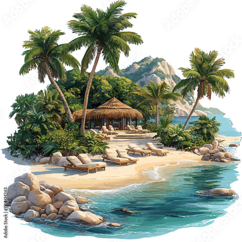 Tropical beach paradise with palm trees and clear water for vacation and relaxation getaway spot scene on transparent background
