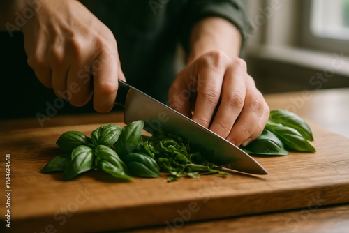 Person slicing fresh basil leaves on a wooden cutting board with a knife