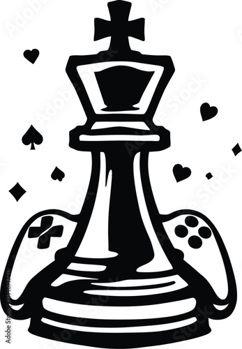 Chess King and Gaming Controllers Vector – Strategic Play, Video Game Symbol, Retro Arcade, Competitive Icon
