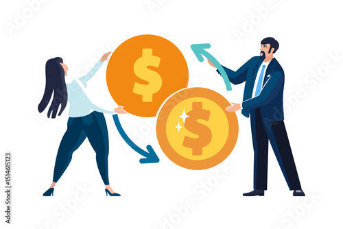 Vector illustrations. Financial transactions, money transfers, banking operations, gold coins, exchange between dollars and cents, pennies. Business, businessman, business people, Europeans, teamwork