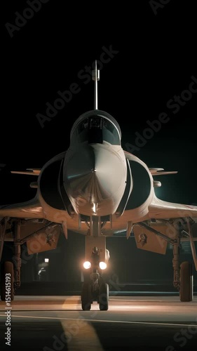 A frontal view of a powerful, silver military jet with landing gear and lights, parked on an airfield against a stark black background.