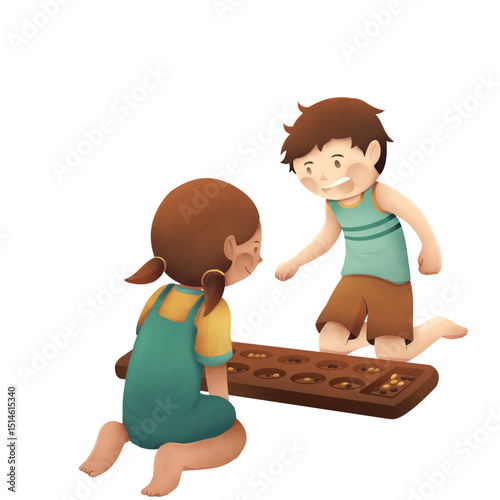 Friendship Game: A heartwarming moment of playful competition unfolds as two kids engage in a board game on the floor, creating a joyful atmosphere of fun, concentration, and friendship.