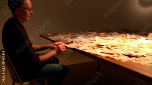 A man sitting at a table with a pile of papers and a candle, eating a pizza.