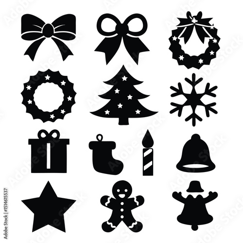 Black christmas icons and symbols collection festive holiday decorations and silhouettes