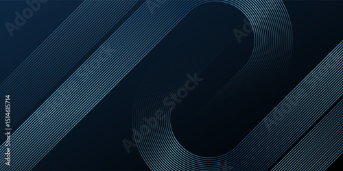 Dark blue abstract background with glowing geometric lines. Modern shiny blue diagonal rounded lines pattern. Futuristic technology concept. Suit for cover, poster, presentation, banner, website