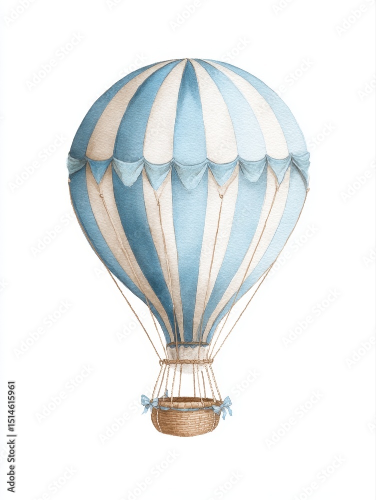 Naklejka premium A vintage blue and white hot air balloon with a wicker basket illustrated on a white background.