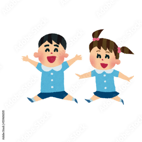 Joyful Leap: A pair of animated children in matching outfits exuding happiness, soaring with glee, embodying the spirit of youth.