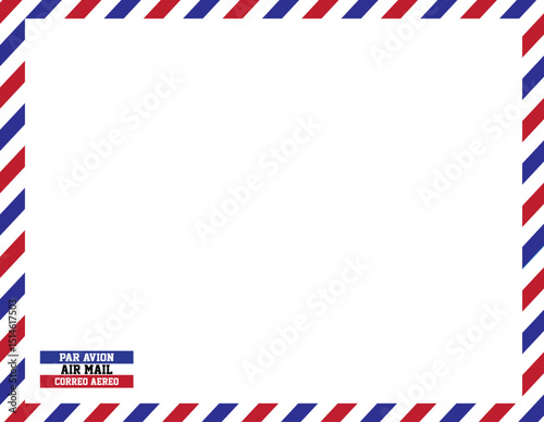 Classic airmail envelope with blue and pink diagonal striped border. In the bottom left corner is the writing PAR AVION AIR MAIL CORREO AEREO