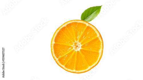 A vibrant half orange slice with a single green leaf against a clean white background on a bright day created with generated ai